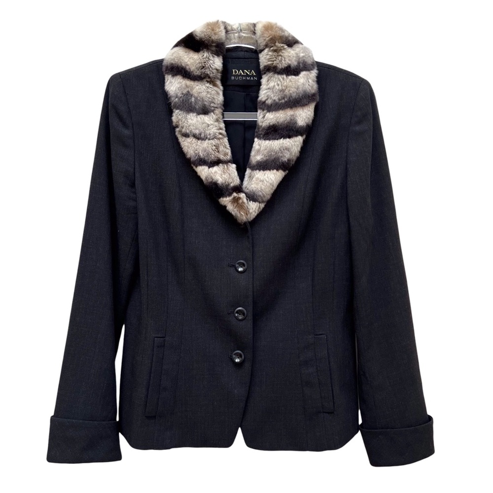 Dana Buchman Charcoal Grey Wool Blazer Rabbit Fur Collar Classic Luxury